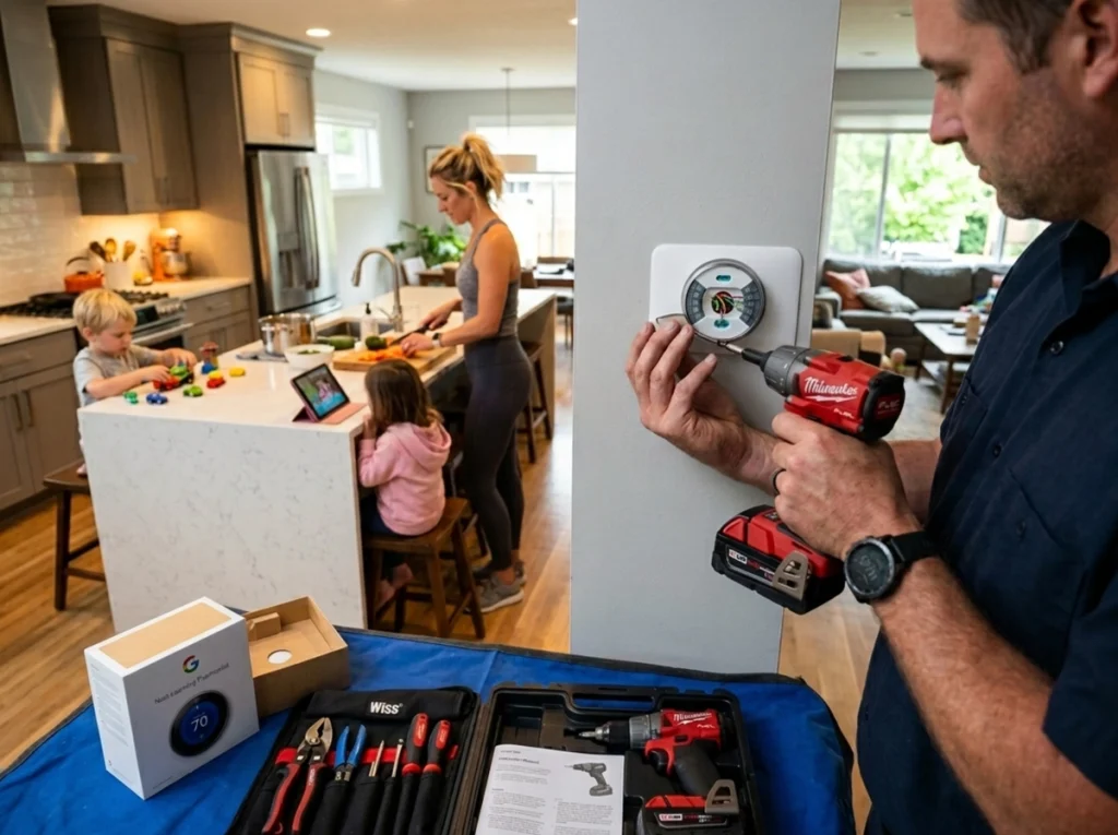 A hvac tech installing a smart thermostat.