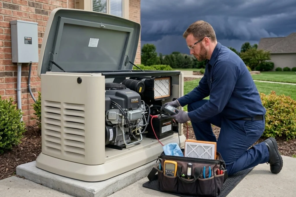 Electrician performing standby generator maintenance before outage season