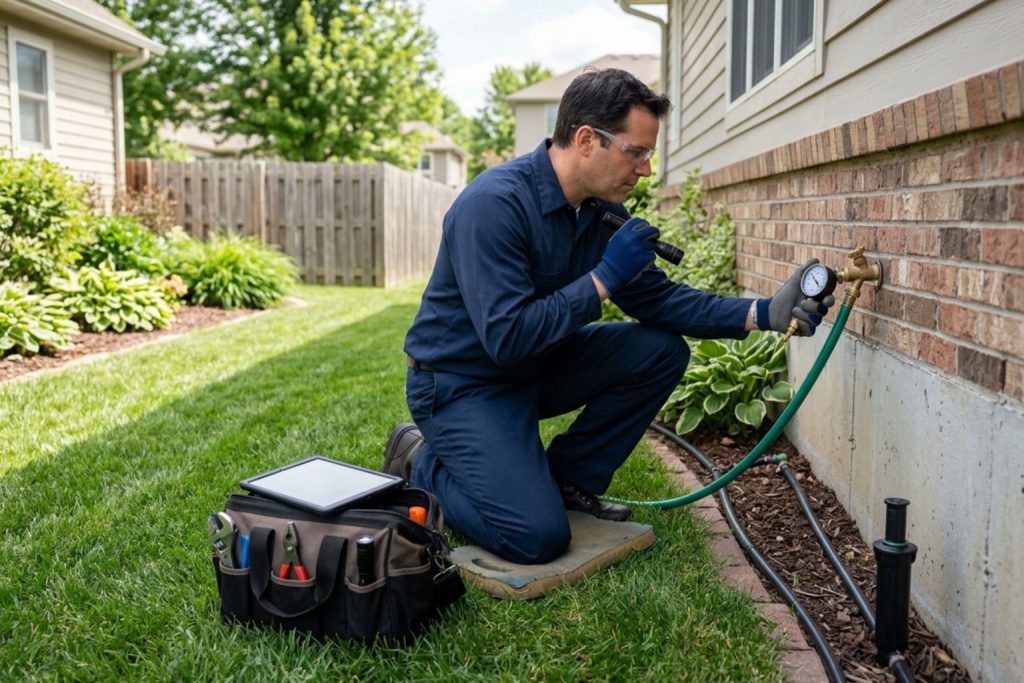 Plumber inspecting outdoor faucets and sprinkler lines