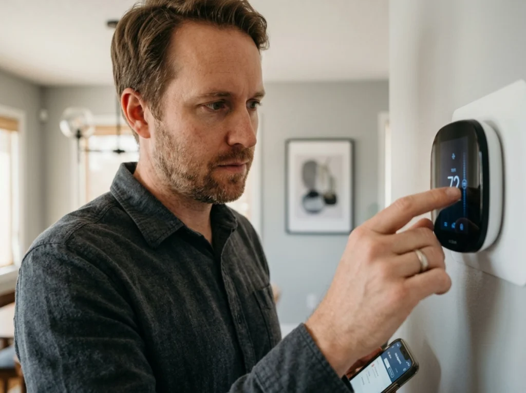 A homeowner troubleshooting his AC issue at the smart thermostat.