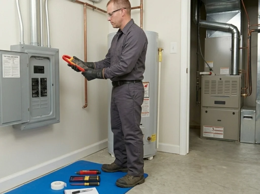 Electrician testing a dedicated air conditioning circuit in a Des Moines home
