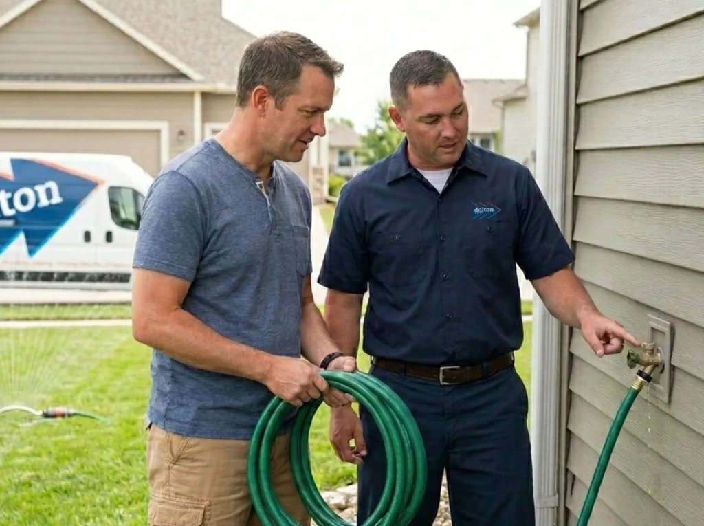Des Moines homeowner inspecting an outdoor faucet with a professional plumber