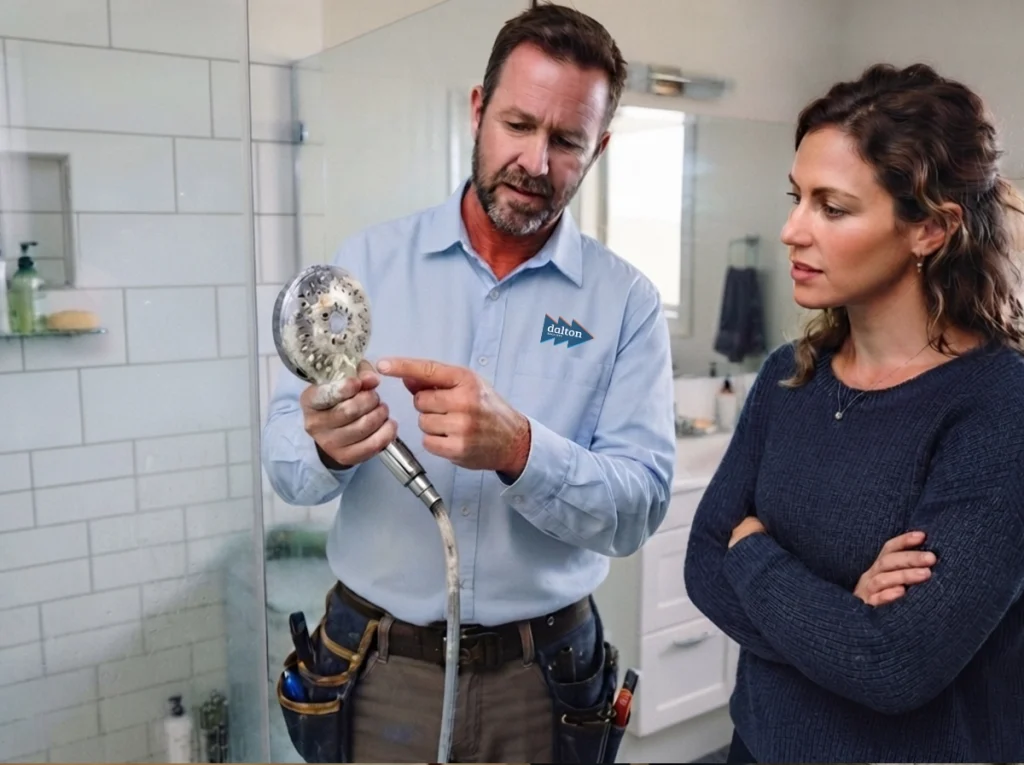Adult and plumber, showing the homeowner her clogged showerhead.