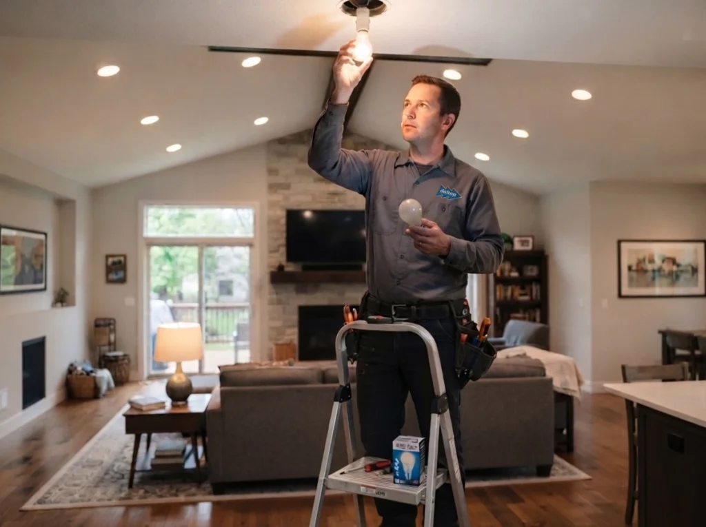 Electrician installing LED-compatible dimmer switch safely
