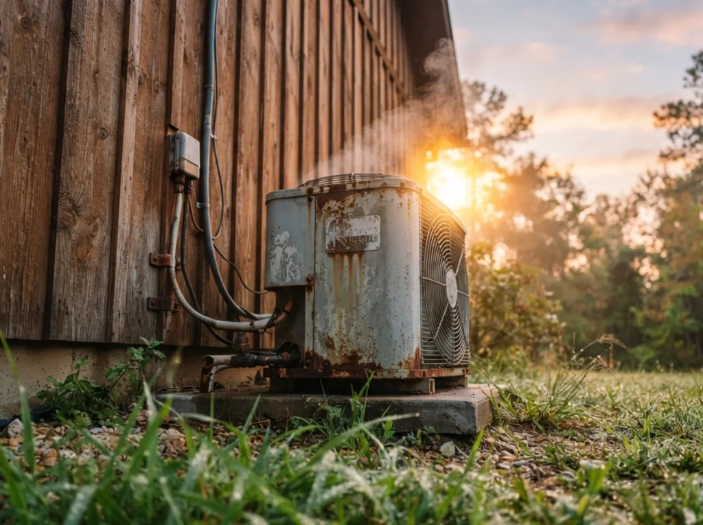 An old AC condenser unit on the side of our home.