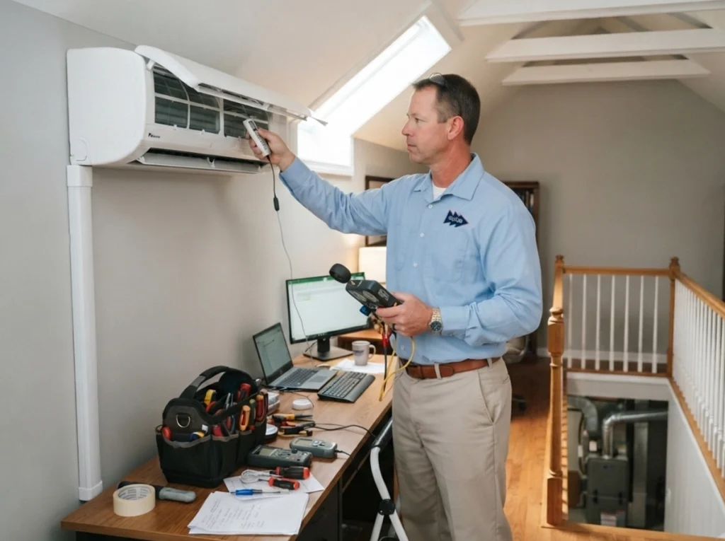 Dalton technician commissioning a ductless mini-split in a finished attic