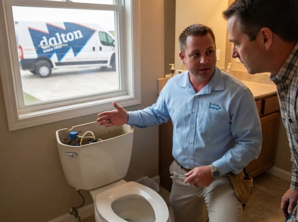The plumber showing the homeowner DIY maintenance.