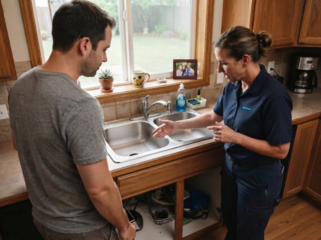 Dalton plumber inspecting a smelly drain with a homeowner