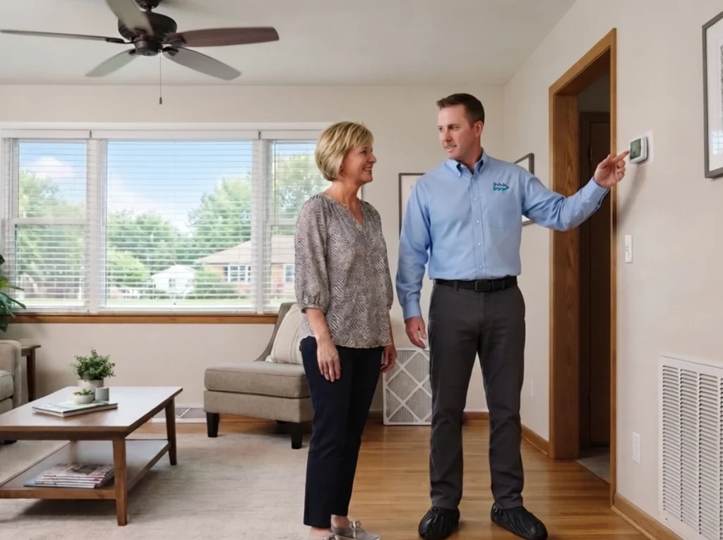 Cedar Rapids homeowner reviewing AC efficiency tips with technician