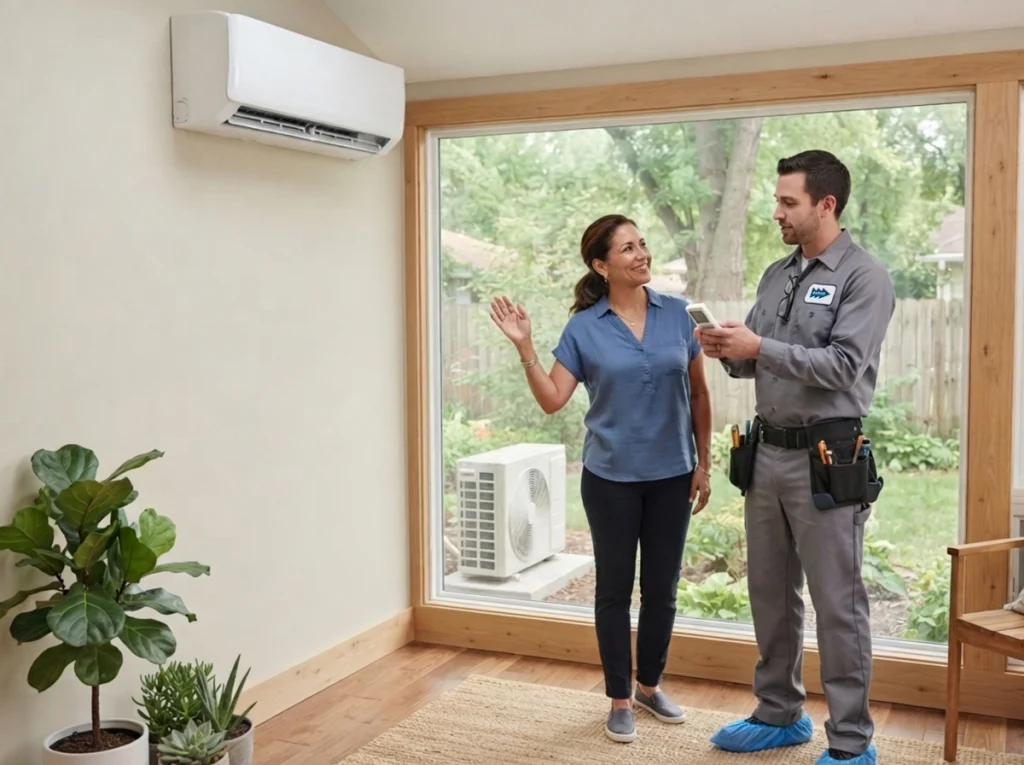 Des Moines homeowner reviewing a ductless mini-split installation