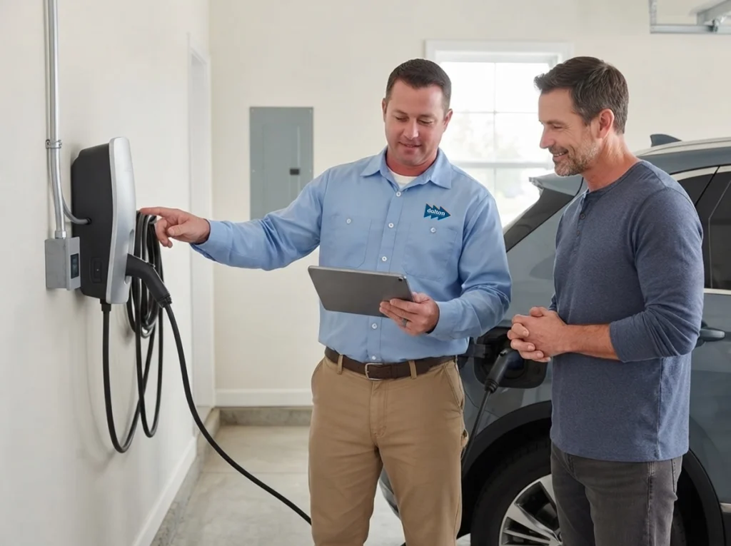 Des Moines homeowner reviewing a professionally installed EV charger.