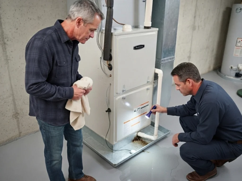 Dalton technician clearing a clogged AC condensate drain in Des Moines