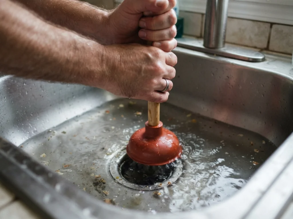 A homeowner using a plunger to clear his clog in his sink
