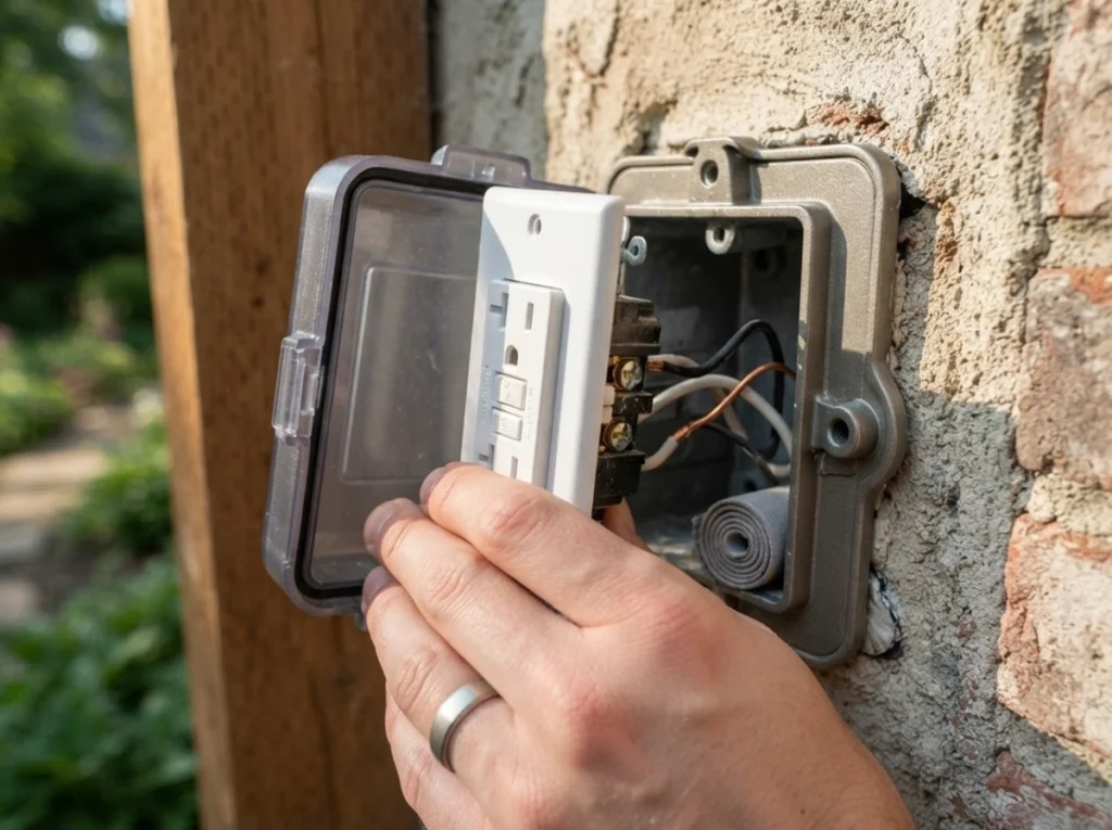 A homeowner removing an outdoor outlet to check it.