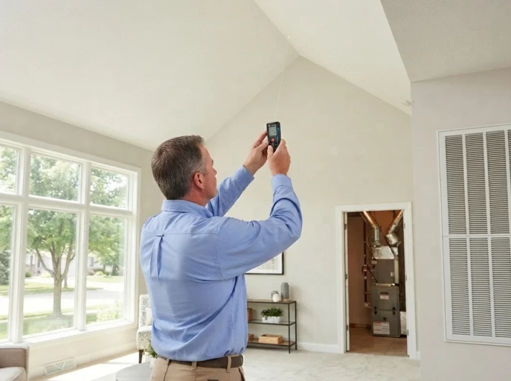 HVAC technician measuring a Cedar Falls home for accurate AC sizing