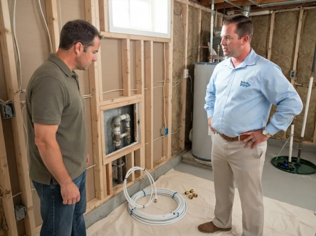 Cedar Falls homeowner reviewing aging pipes before whole-home repiping