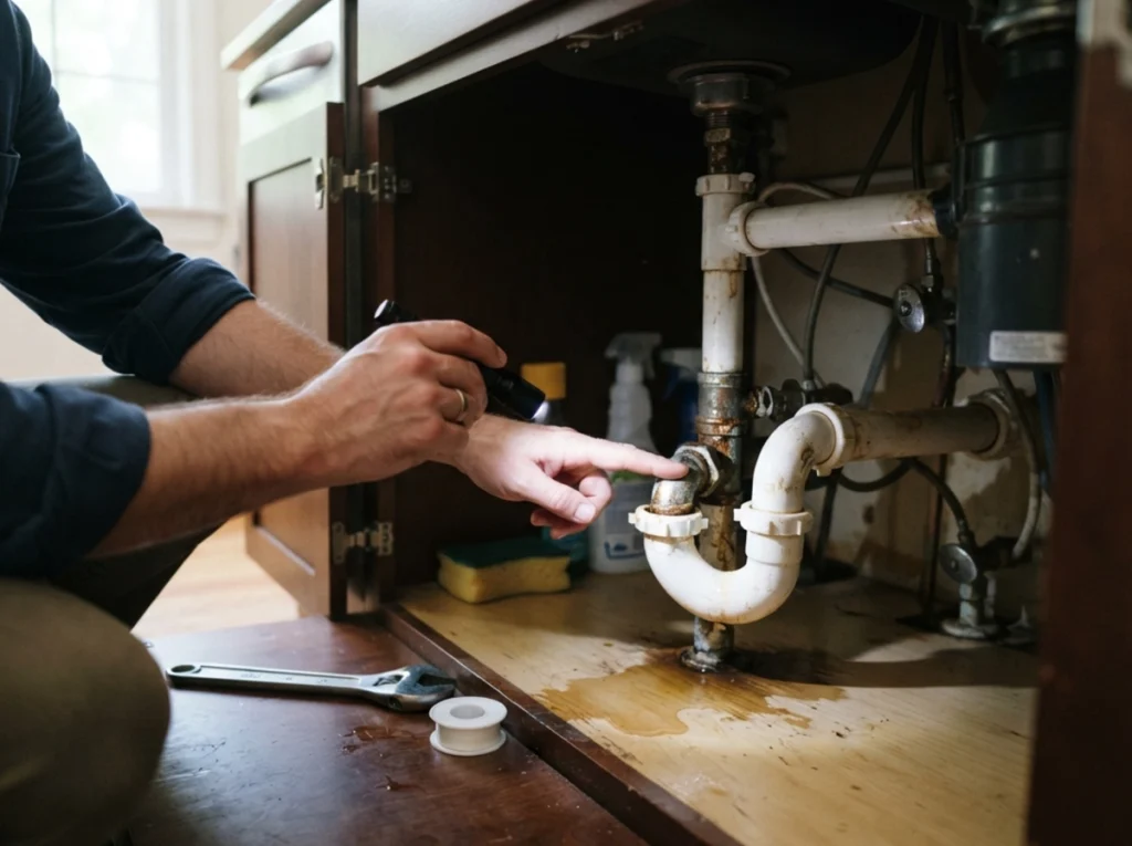 Hands inspecting under kitchen sink with flashlight for plumbing leaks