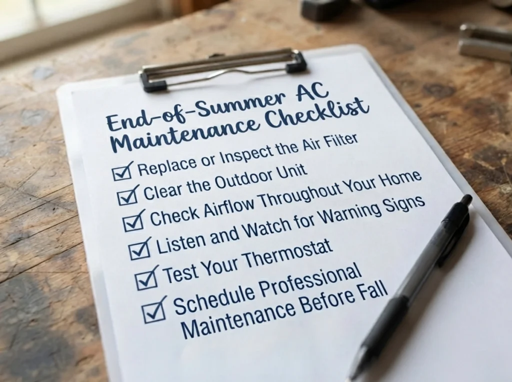 End-of-Summer AC Maintenance Checklist on a clipboard with six blank checkboxes