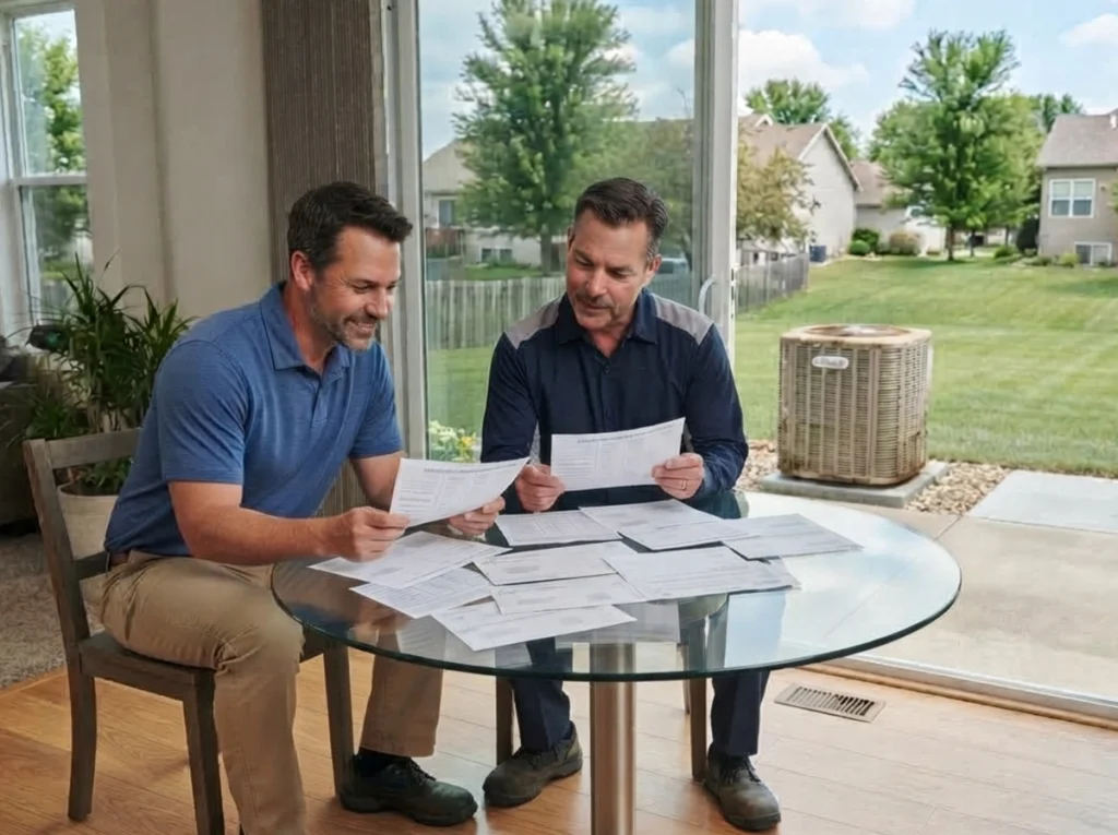 Cedar Rapids homeowner comparing an aging AC with a high-efficiency replacement