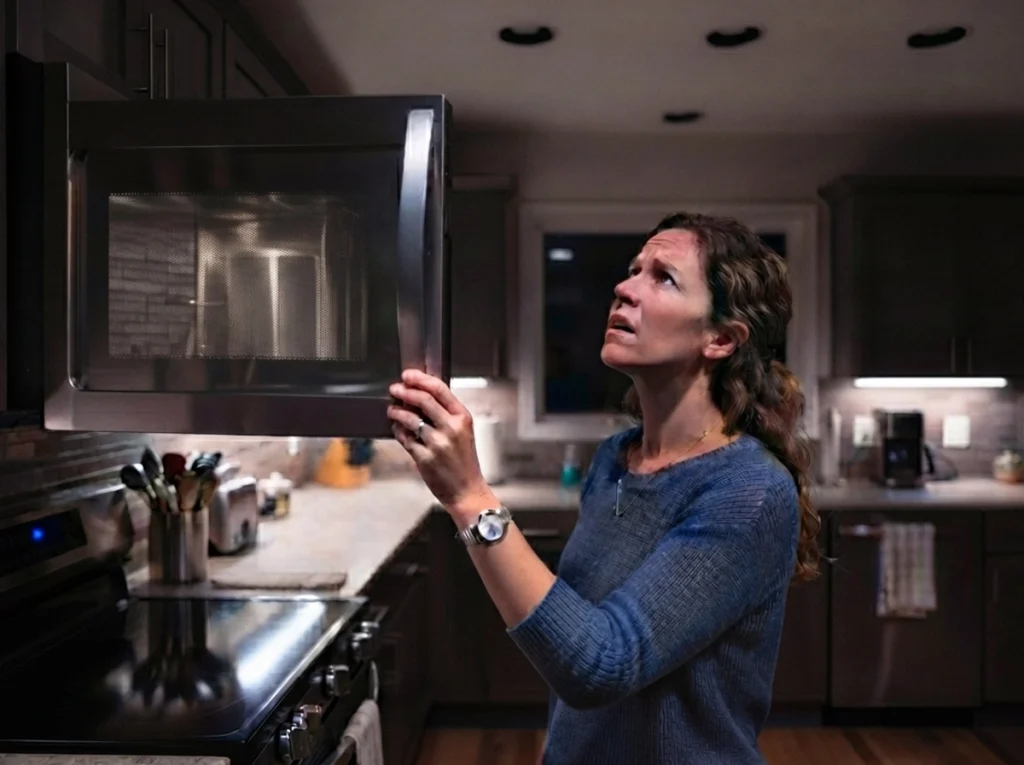 A woman wondering why her lights are dimming when she uses her microwave.