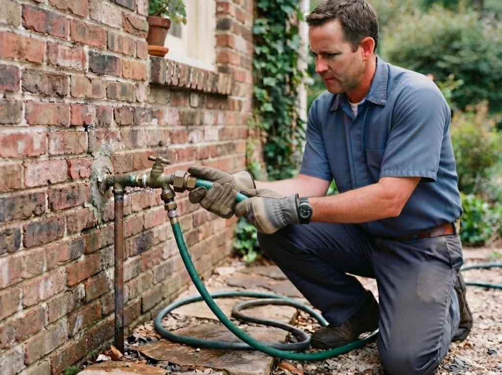 Plumber repairing a leaking hose bib packing nut in Des Moines