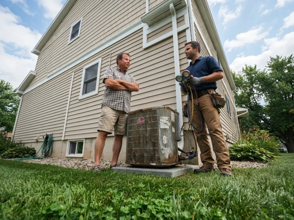 A homeowner and a HVAC tech discussing a new AC unit.
