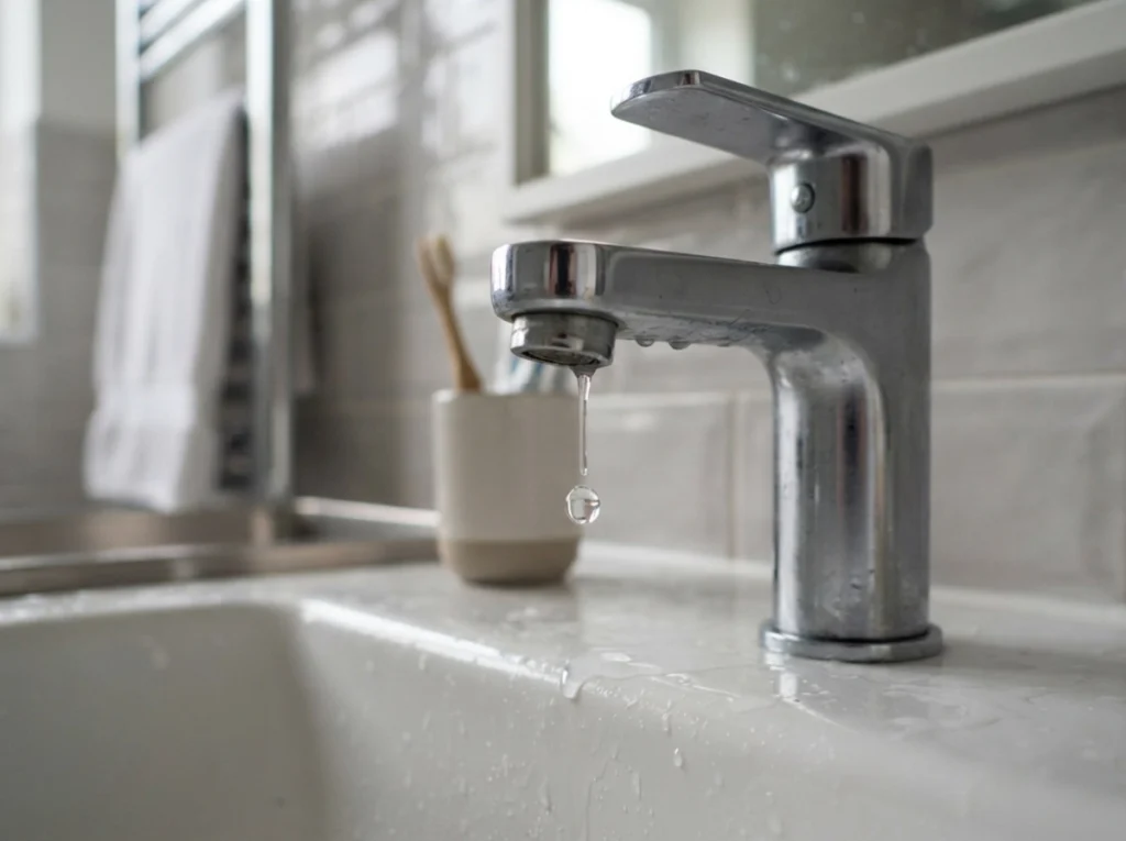 A close-up image of a dripping bathroom faucet.