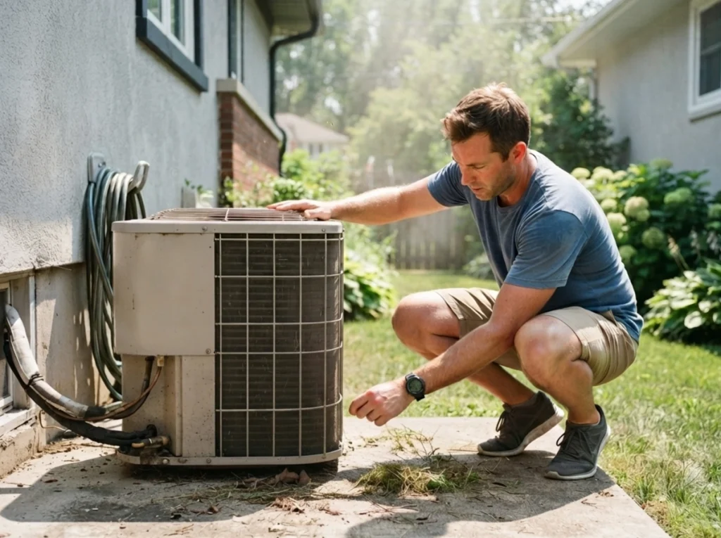Homeowner clearing debris from outdoor AC unit on a hot summer day