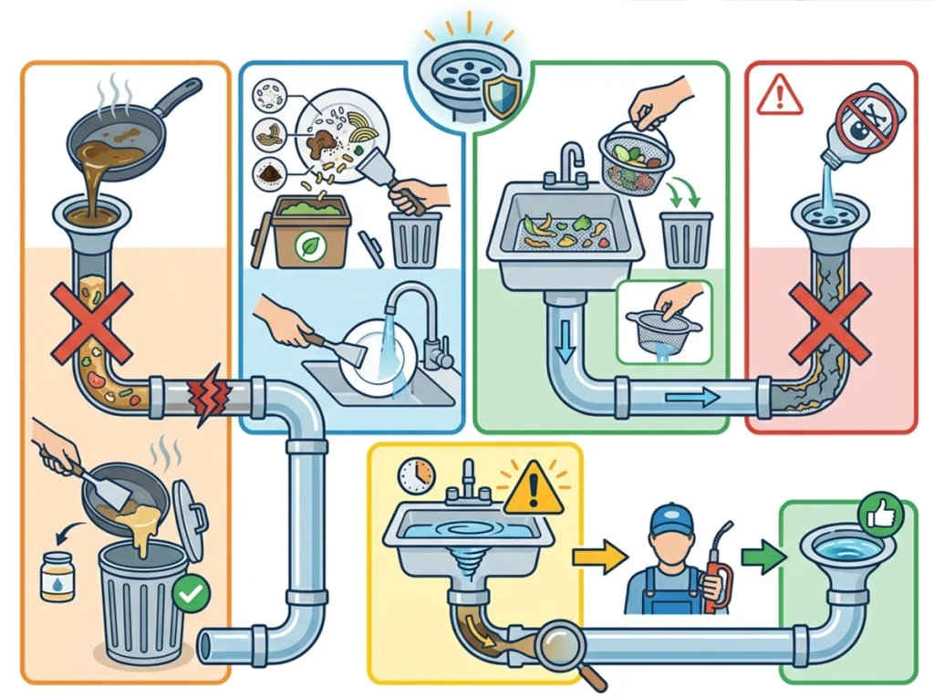 An info graphic showing various tips on how to keep drains flowing smoothly.