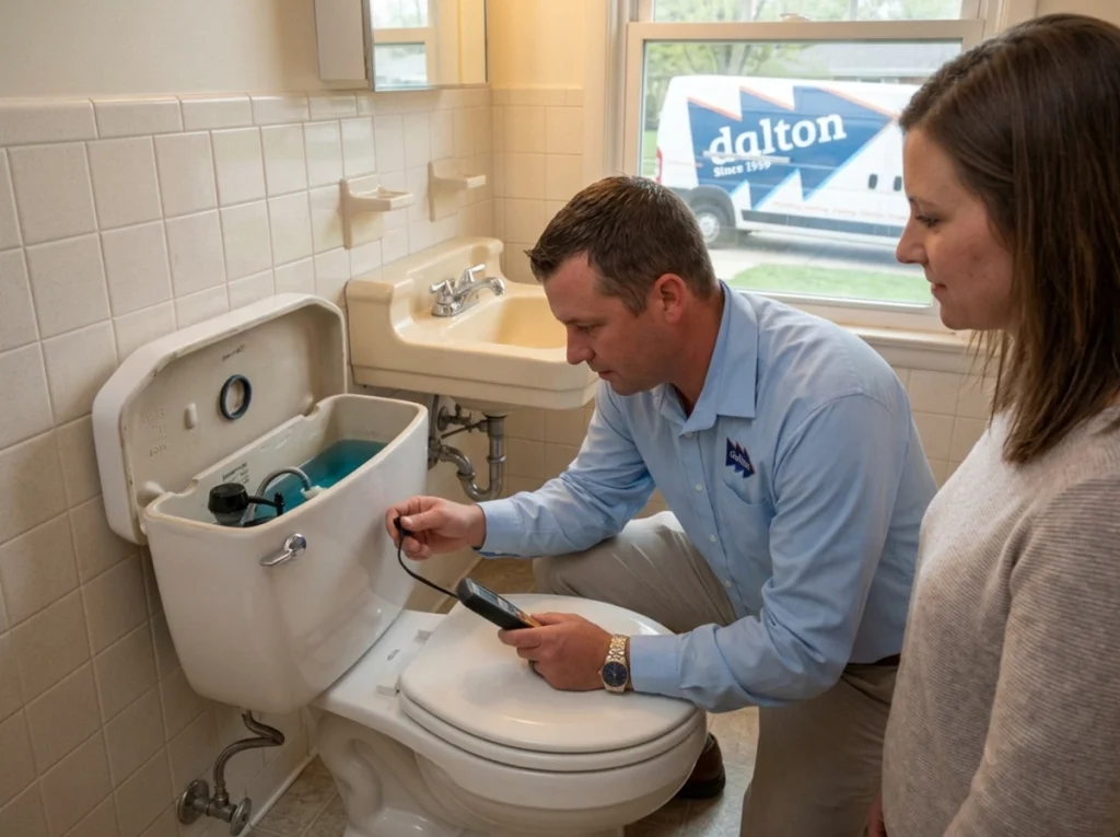 Plumber inspecting an older toilet for hidden water waste in a Cedar Falls Iowa home