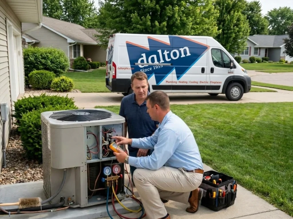 Cedar Falls homeowner discussing professional HVAC tune-up with technician
