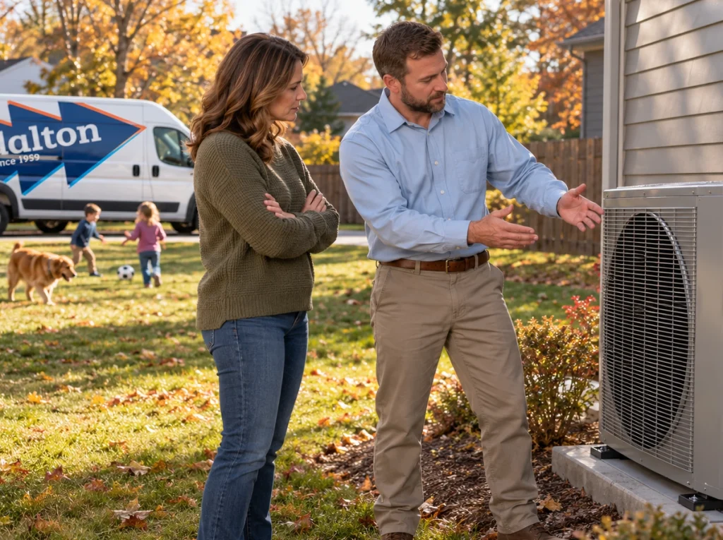 A homeowner and an HVAC technician discussing a heat pump on the side of a house
