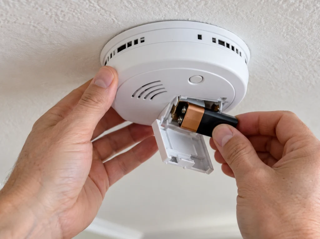 A homeowner changing the battery in a smoke detector.