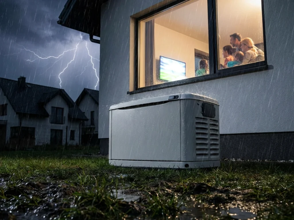 A backup generator providing electricity during a storm.