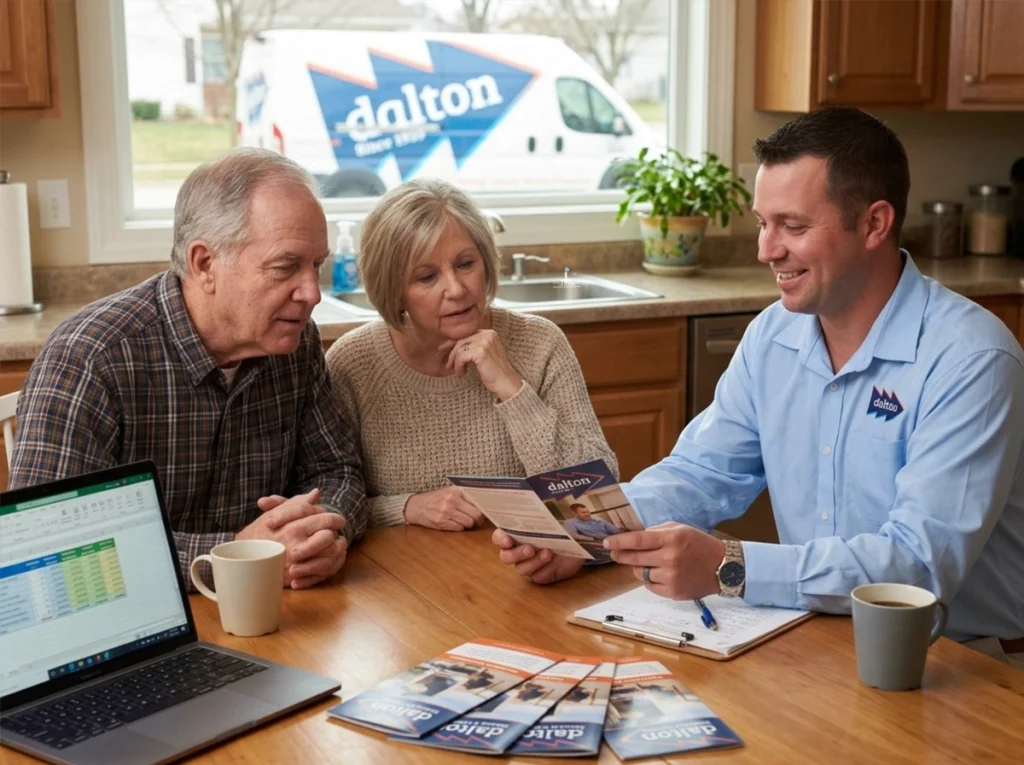 Cedar Rapids homeowner discussing furnace replacement financing with HVAC technician