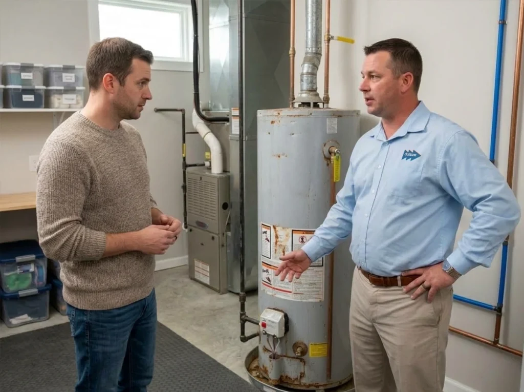 Cedar Rapids homeowner discussing short hot water supply with plumber