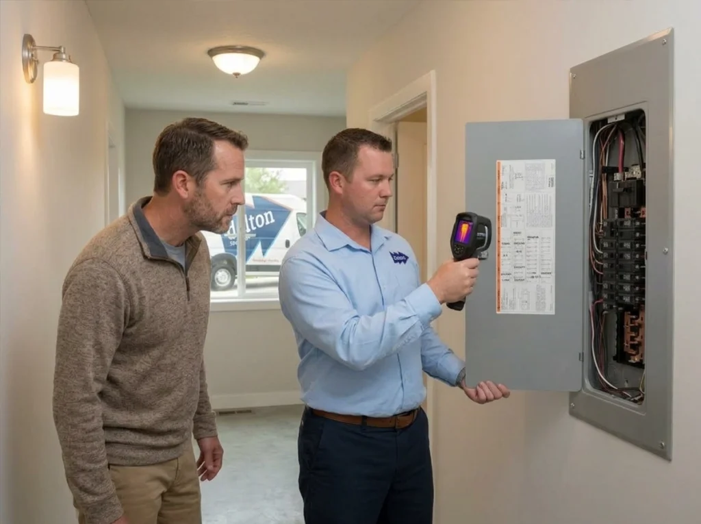 Electrician inspecting a buzzing breaker panel with thermal imaging in a Cedar Rapids home