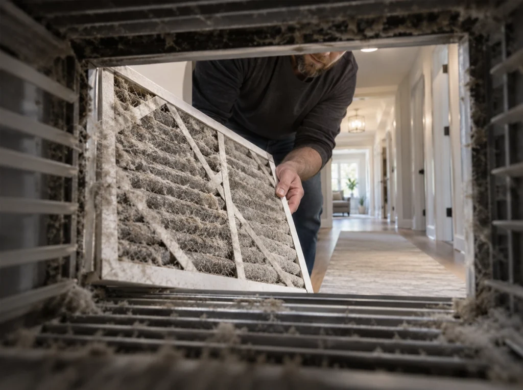 A homeowner changing the dirty air filter.