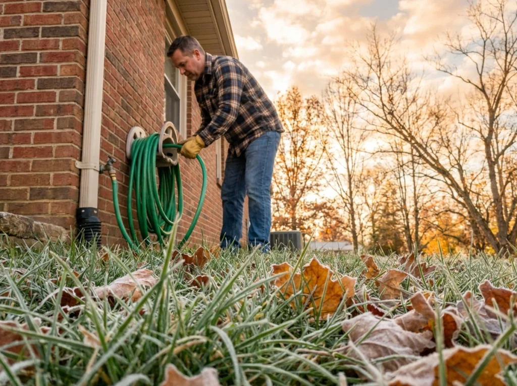 Des Moines homeowner preparing a hose for winter.