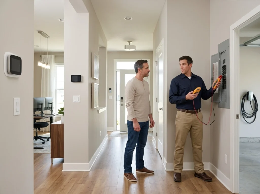 Electrician evaluating electrical capacity for smart home upgrades in Des Moines Iowa