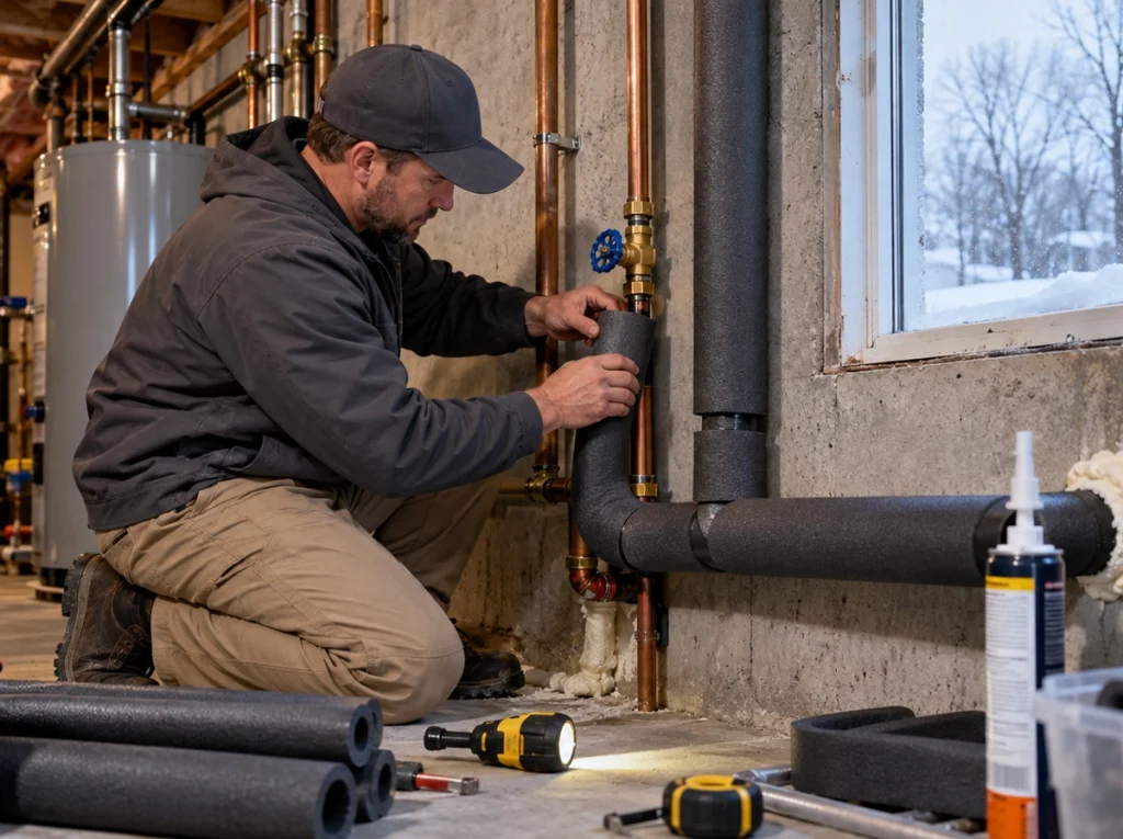 Plumber insulating exposed pipes before freezing weather in Cedar Falls Iowa