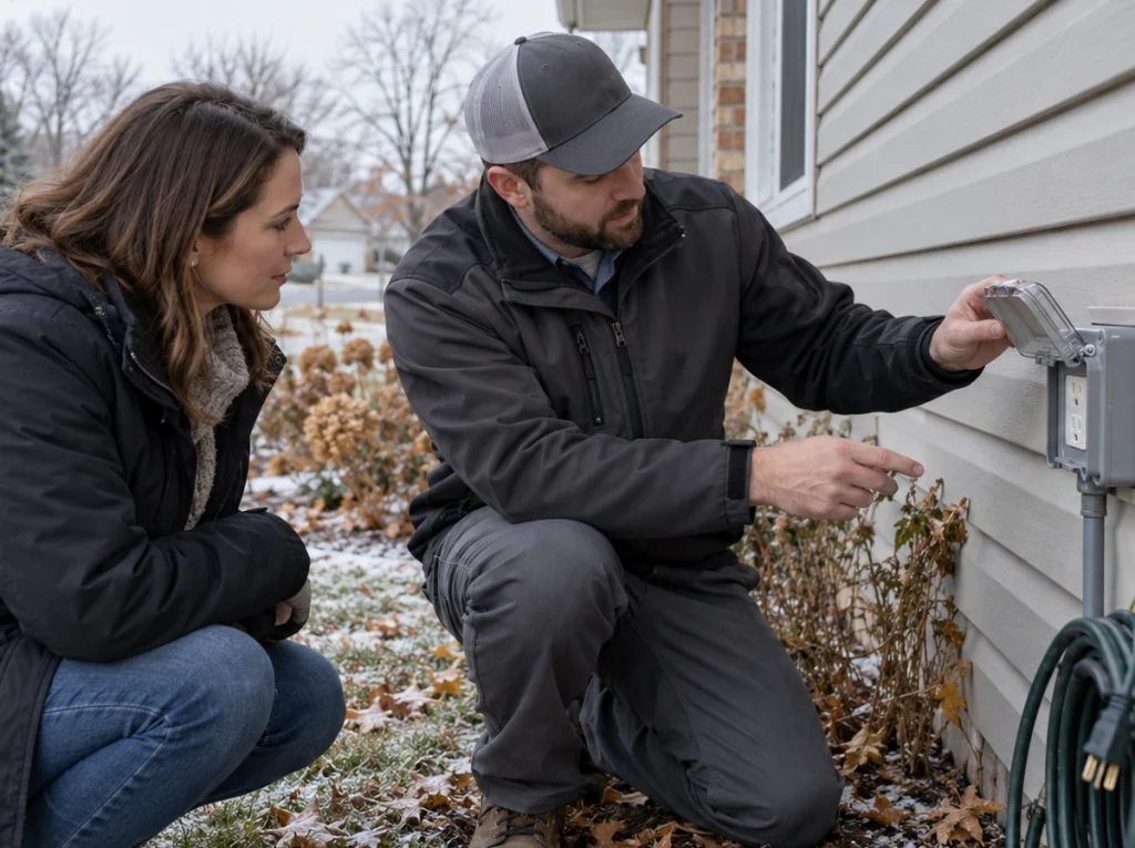 Cedar Rapids homeowner reviewing outdoor outlet weatherproofing with electrician