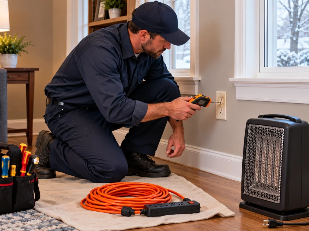 Electrician inspecting outlet used for space heater in Des Moines home